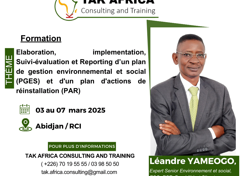 Élaboration, implémentation, Suivi-évaluation et Reporting d’un plan de gestion environnemental et social (PGES) et d’un plan d’actions de réinstallation (PAR)